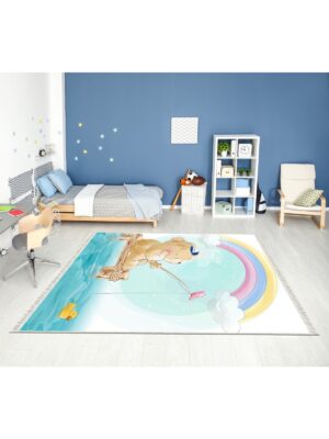 Dijital Baskı Kaymaz Taban Makinede Yıkanabilir Balık Tutan Ayıcık Desenli Çocuk Odası Halısı