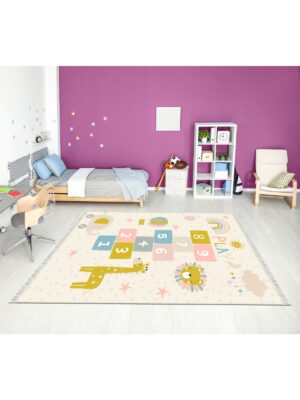Dijital Baskı Kaymaz Taban Makinede Yıkanabilir Zurafalı Seksekli Desenli Çocuk Odası Halısı