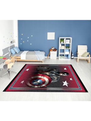 Dijital Baskı Kaymaz Taban Makinede Yıkanabilir Kaptan Amerikalı Desenli Çocuk Odası Halısı