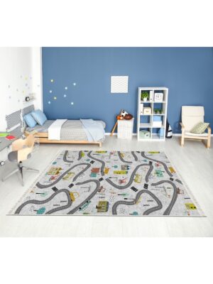 Dijital Baskı Kaymaz Taban Makinede Yıkanabilir Yollu Desenli Çocuk Odası Halısı