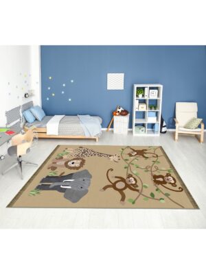 Dijital Baskı Kaymaz Taban Makinede Yıkanabilir Hayvanlar Dünyası Desenli Çocuk Odası Halısı