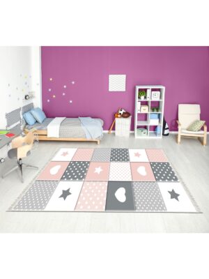 Dijital Baskı Kaymaz Taban Makinede Yıkanabilir Yıldızlı ve Kalpli Desenli Çocuk Odası Halısı