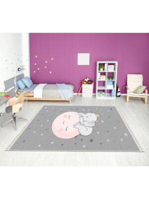 Dijital Baskı Kaymaz Taban Makinede Yıkanabilir Aya Uyuyan Fil Desenli Çocuk Odası Halısı