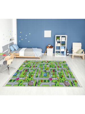 Dijital Baskı Kaymaz Taban Makinede Yıkanabilir Araba Yollu Desenli Çocuk Odası Halısı