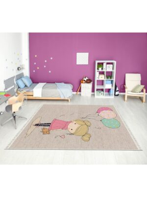 Dijital Baskı Kaymaz Taban Makinede Yıkanabilir Balon Tutan Kız Desenli Çocuk Odası Halısı