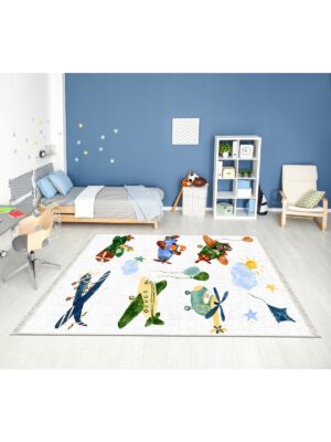 Dijital Baskı Kaymaz Taban Makinede Yıkanabilir Uçan Hayvanlı Desenli Çocuk Odası Halısı