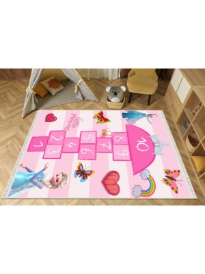 Dijital Baskı Pamuk Taban Makinede Yıkanabilir Pembe Gökkuşağı Seksek Desenli Çocuk Odası Halısı