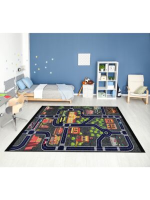 Dijital Baskı Kaymaz Taban Makinede Yıkanabilir Şeritl Trafik Desenli Çocuk Odası Halısı