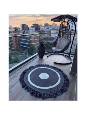 Gri Beyaz Jüt Hasırlı El Örgüsü Kilim Halı Hasır Yuvarlak Saçaklı