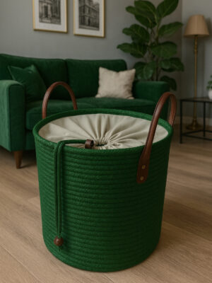 Cinchy büzgü astarlı deri saplı toparlayıcı sepet 45x36 cm hasır rengi