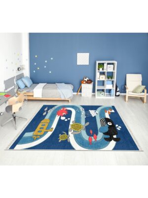 Dijital Baskı Kaymaz Taban Makinede Yıkanabilir Hayvanlar Dünyası Desenli Çocuk Odası Halısı