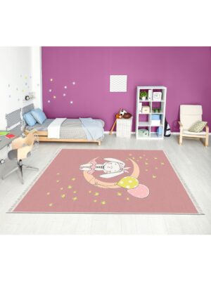 Alternative view of Dijital Baskı Kaymaz Taban Makinede Yıkanabilir Ayda Oturan Kız Desenli Çocuk Odası Halısı
