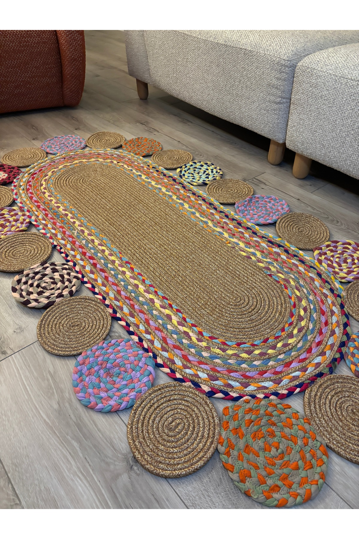 Alternative view of Şölen Etnik El Örgüsü Jüt Halat Kilim Renkli Oval Bohem Kilim, Dekoratif Doğal Hasır Görünümlü