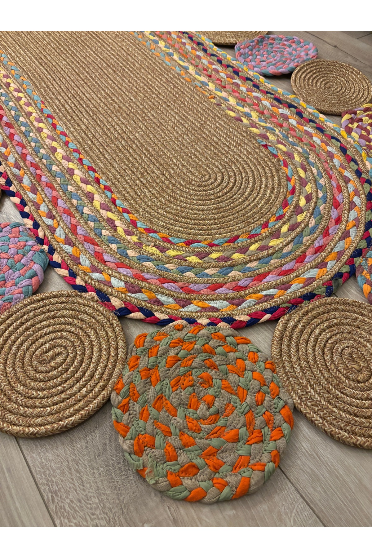 Şölen Etnik El Örgüsü Jüt Halat Kilim Renkli Oval Bohem Kilim, Dekoratif Doğal Hasır Görünümlü - Görsel 3