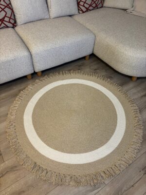 Natura Bej Krem Şeritli Burgu Halat, Hasır Örgü Yuvarlak Saçaklı Jüt Kilim Doğal El Yapımı