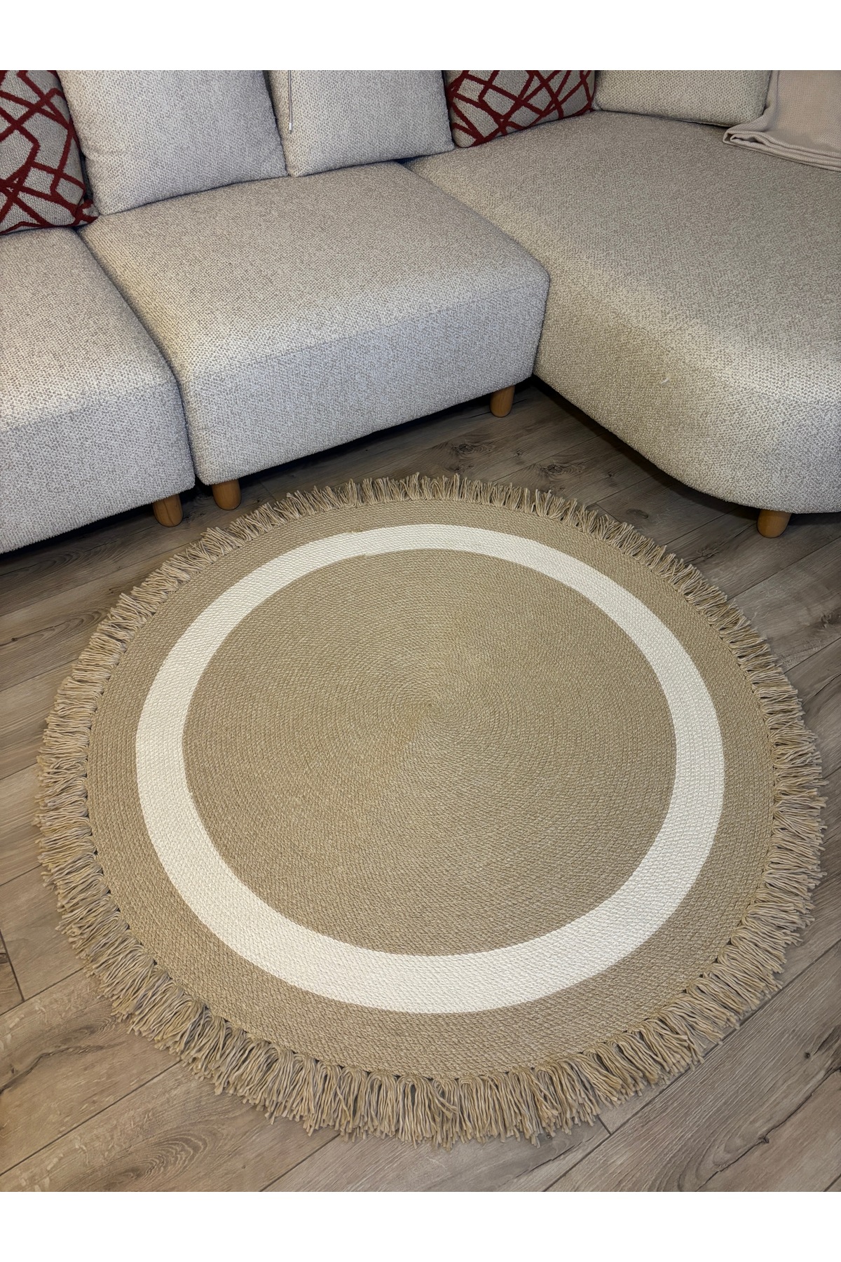 Natura Bej Krem Şeritli Burgu Halat, Hasır Örgü Yuvarlak Saçaklı Jüt Kilim Doğal El Yapımı