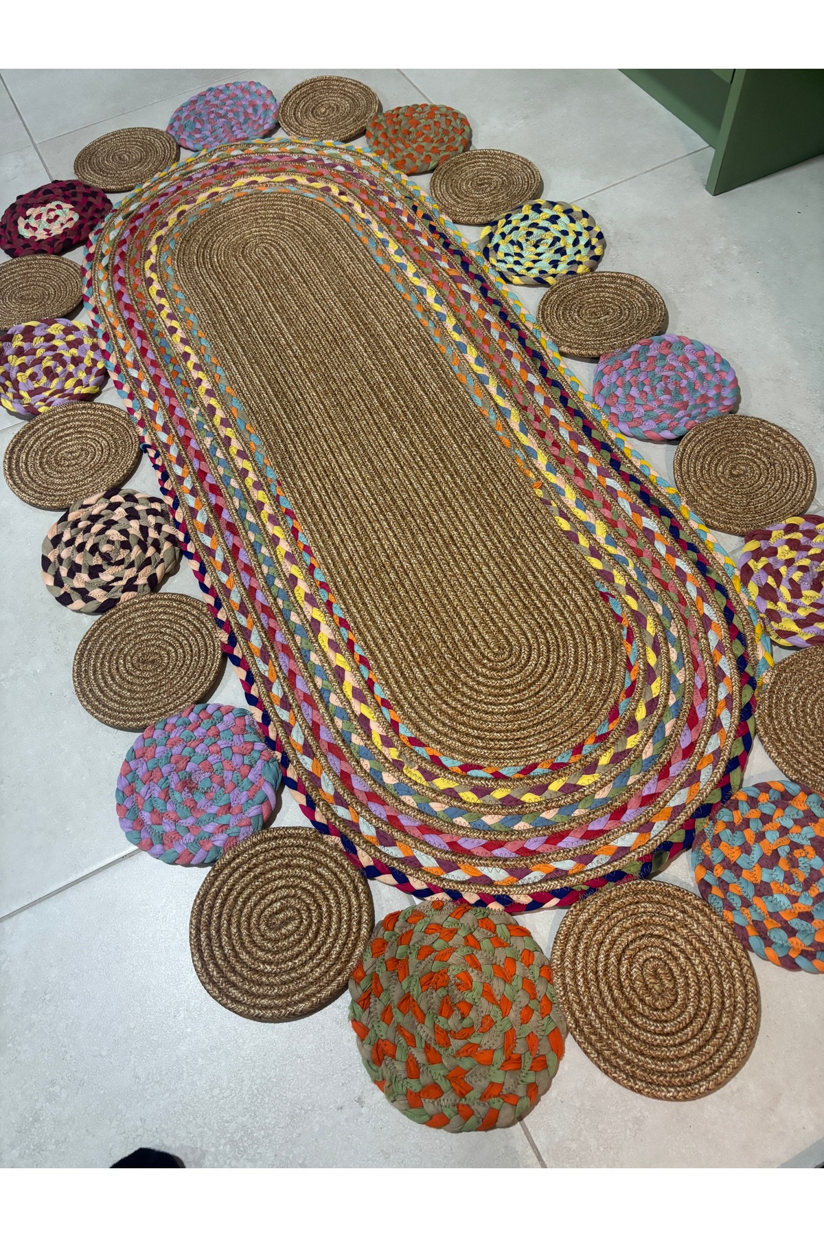 Şölen Etnik El Örgüsü Jüt Halat Kilim Renkli Oval Bohem Kilim, Dekoratif Doğal Hasır Görünümlü - Görsel 7