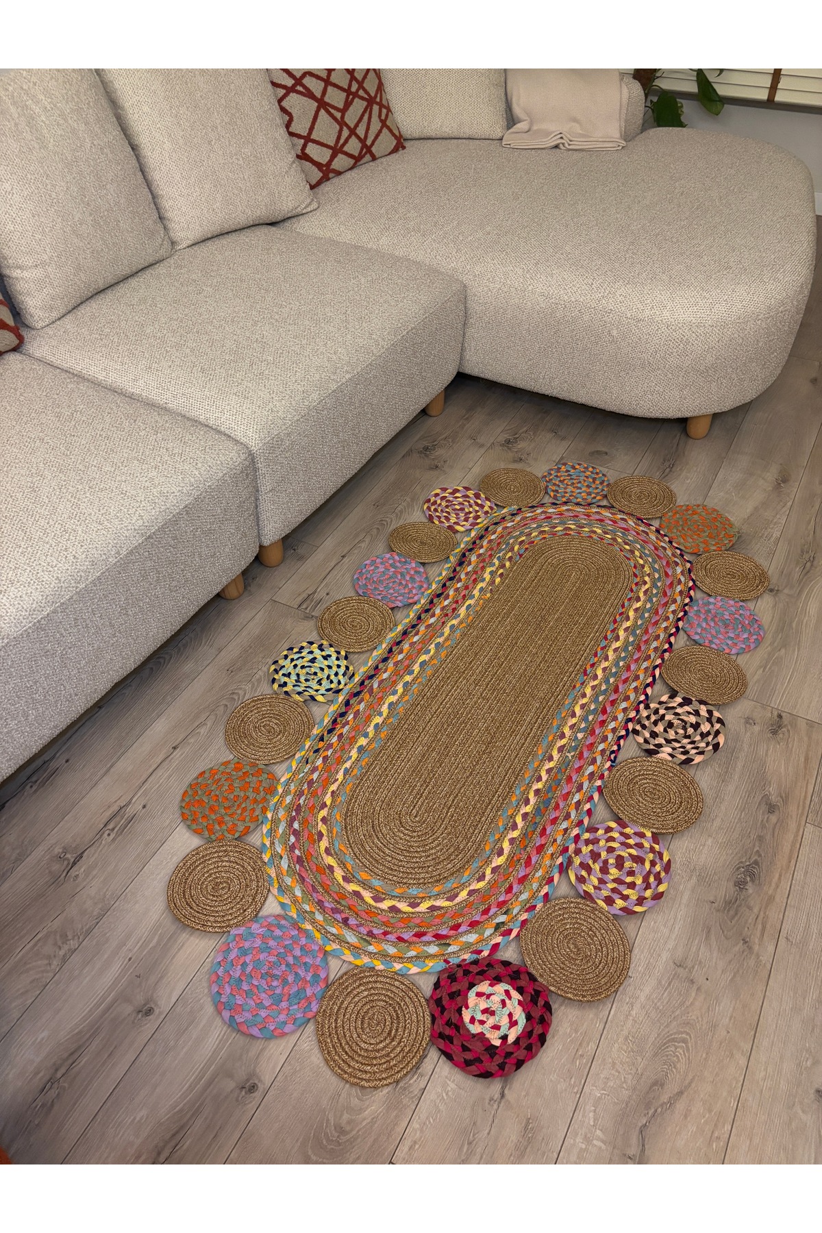 Şölen Etnik El Örgüsü Jüt Halat Kilim Renkli Oval Bohem Kilim, Dekoratif Doğal Hasır Görünümlü - Görsel 5
