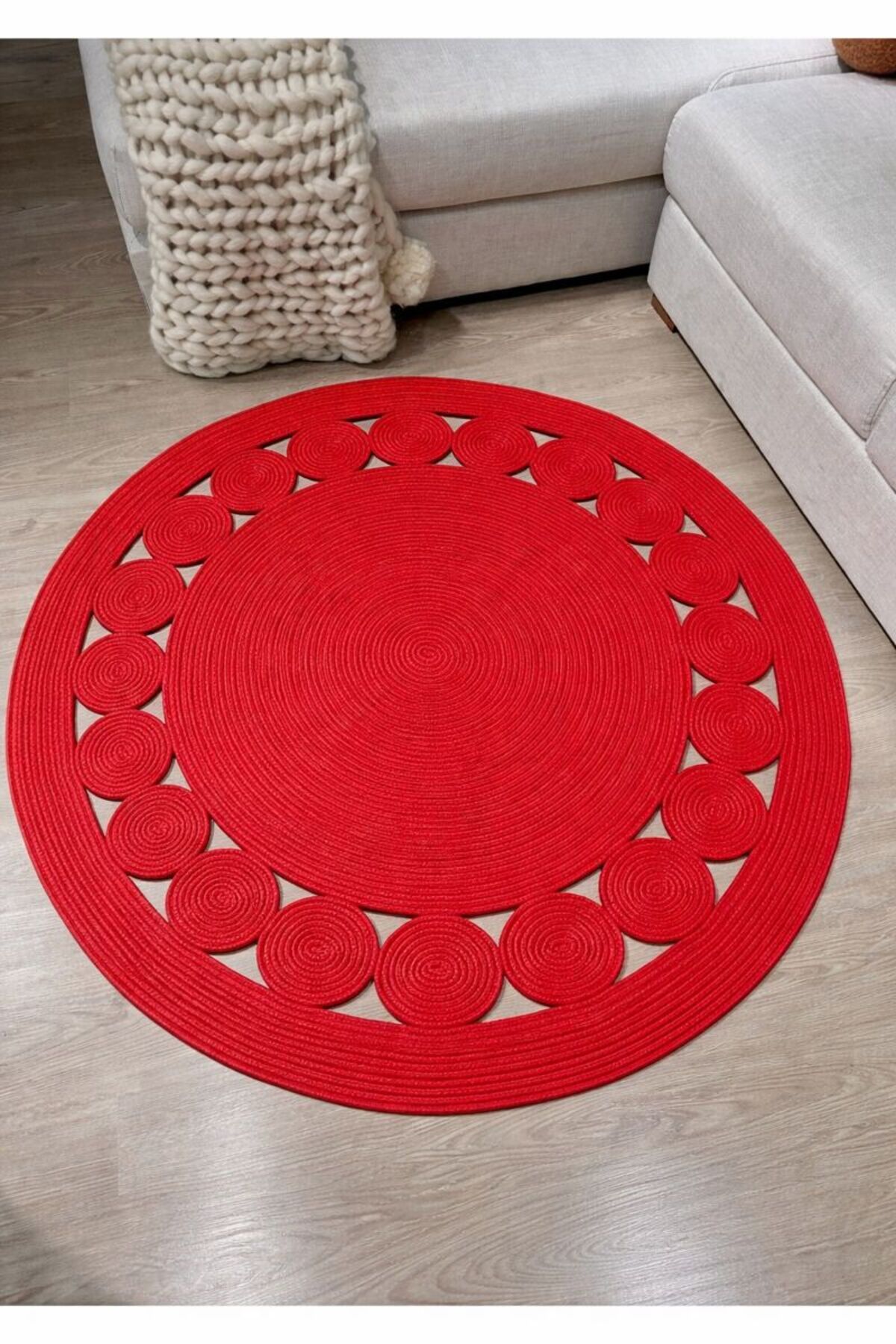 Cookie Yuvarlak Jüt Hasırlı El Örgüsü Kilim Halı