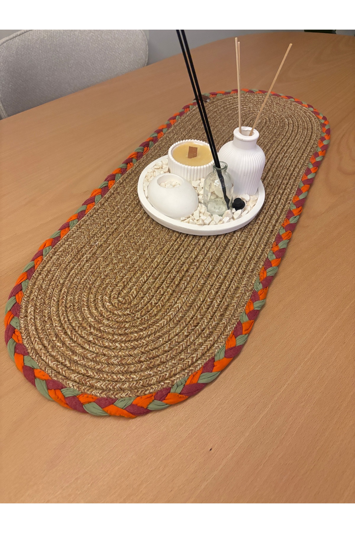 Sera Amerikan Servis El Yapımı Pamuklu Natural Jüt Örgü Detaylı Hasır Runner 30x80