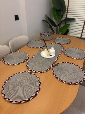 Sera Hasır Sofra Seti 6’lı Supla + 1 Runner + 1 Ekmeklik Doğal El Yapımı Amerikan Servis