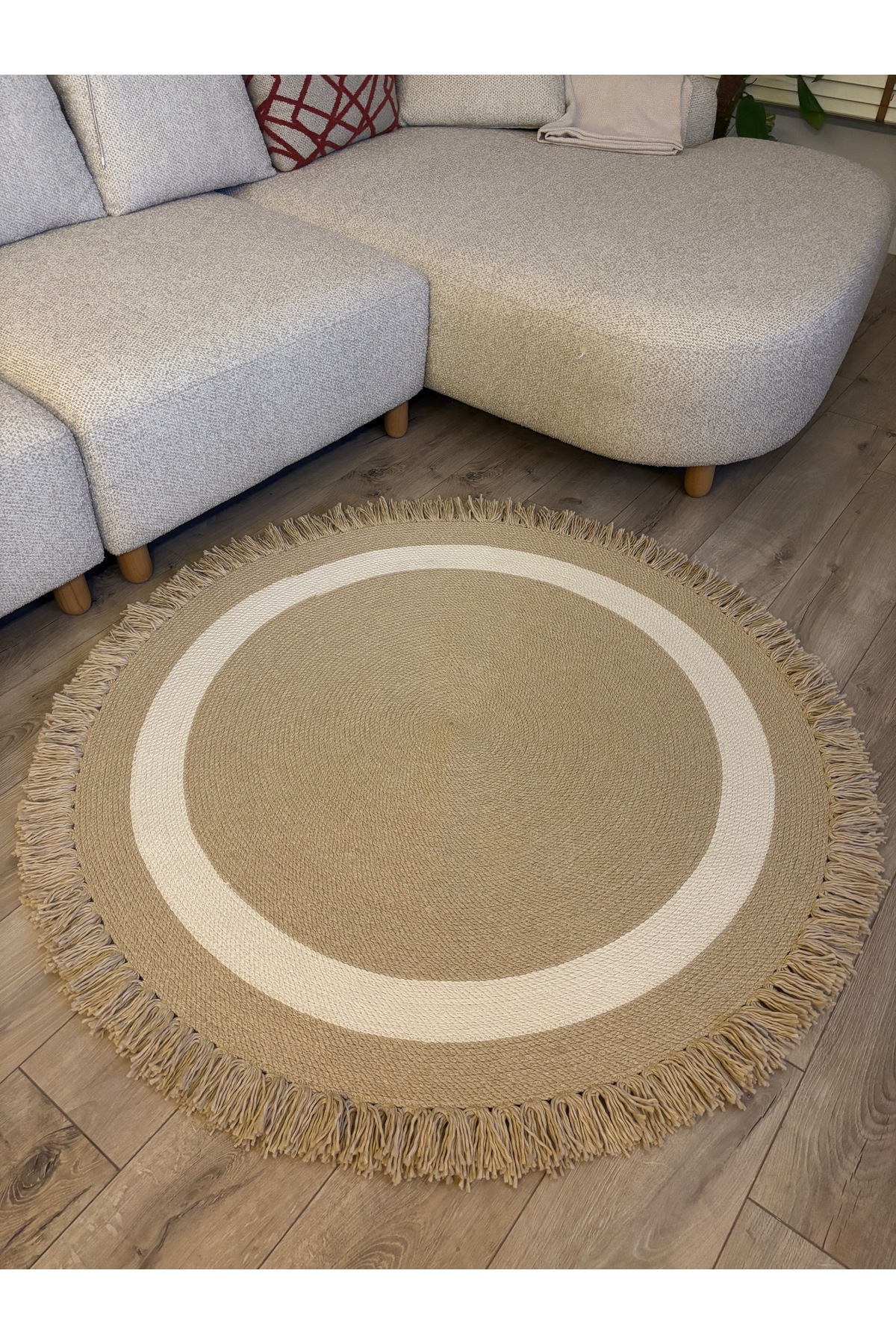 Natura Bej Krem Şeritli Burgu Halat, Hasır Örgü Yuvarlak Saçaklı Jüt Kilim Doğal El Yapımı - Görsel 8