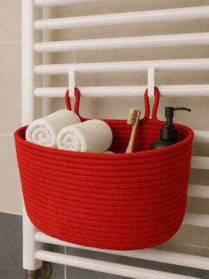 Dekoratif Askılı Banyo Sepeti – 18×40×16 cm– Saklama ve Düzenleyici HASIR JÜT SEPET ORGANİZER EL İŞİ