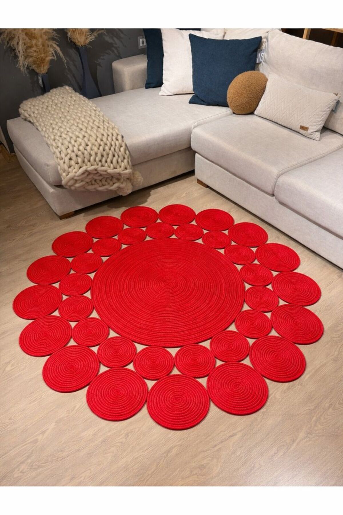 Papatya Hasır Jüt Çiçek Desenli Kilim Halı Kırmızı - Görsel 3