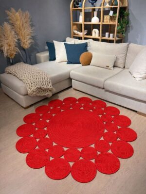 Papatya Hasır Jüt Çiçek Desenli Kilim Halı Kırmızı