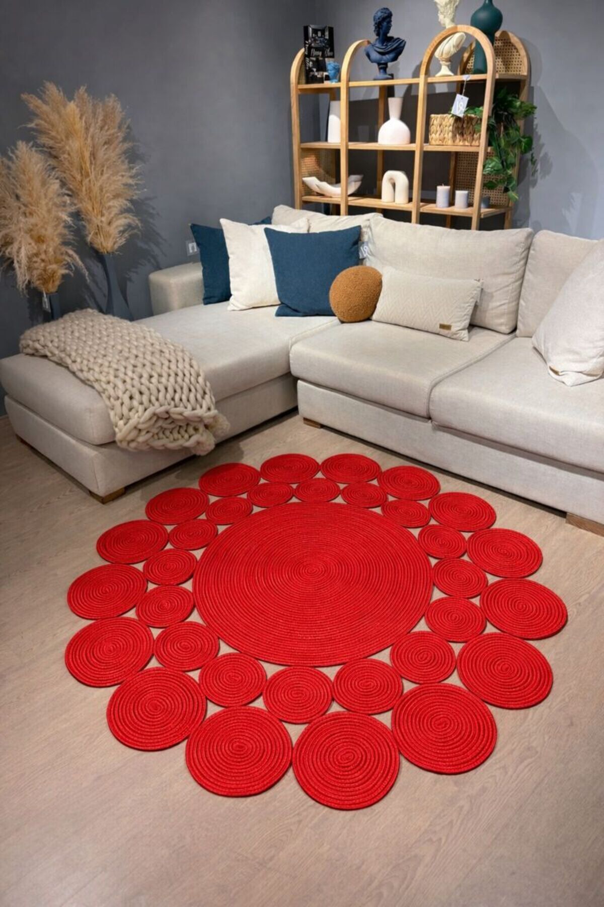 Papatya Hasır Jüt Çiçek Desenli Kilim Halı Kırmızı