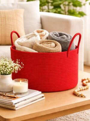 Clover Özel Pamuklu Saplı Jüt Battaniye Sepeti Hasır Oyuncak Sepeti Jüt Çamaşır Sepeti 40-30