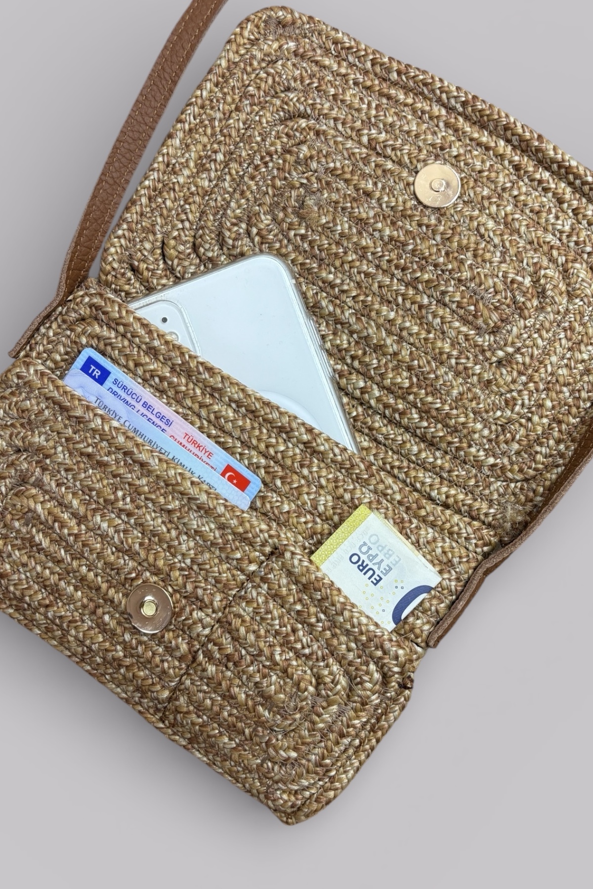 Blaze 3 Bölmeli Hasır Telefon Çantası Hakiki Deri Askılı Çapraz Çanta, Ekstra Yumuşak Halat Dokulu - Görsel 2