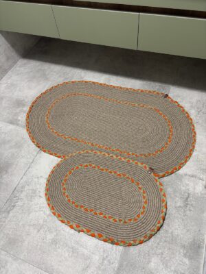 Nâzen 2’li Halat Banyo Seti Örgü Kenarlı Hasır Paspas 60x100 + 40x60 El Yapımı