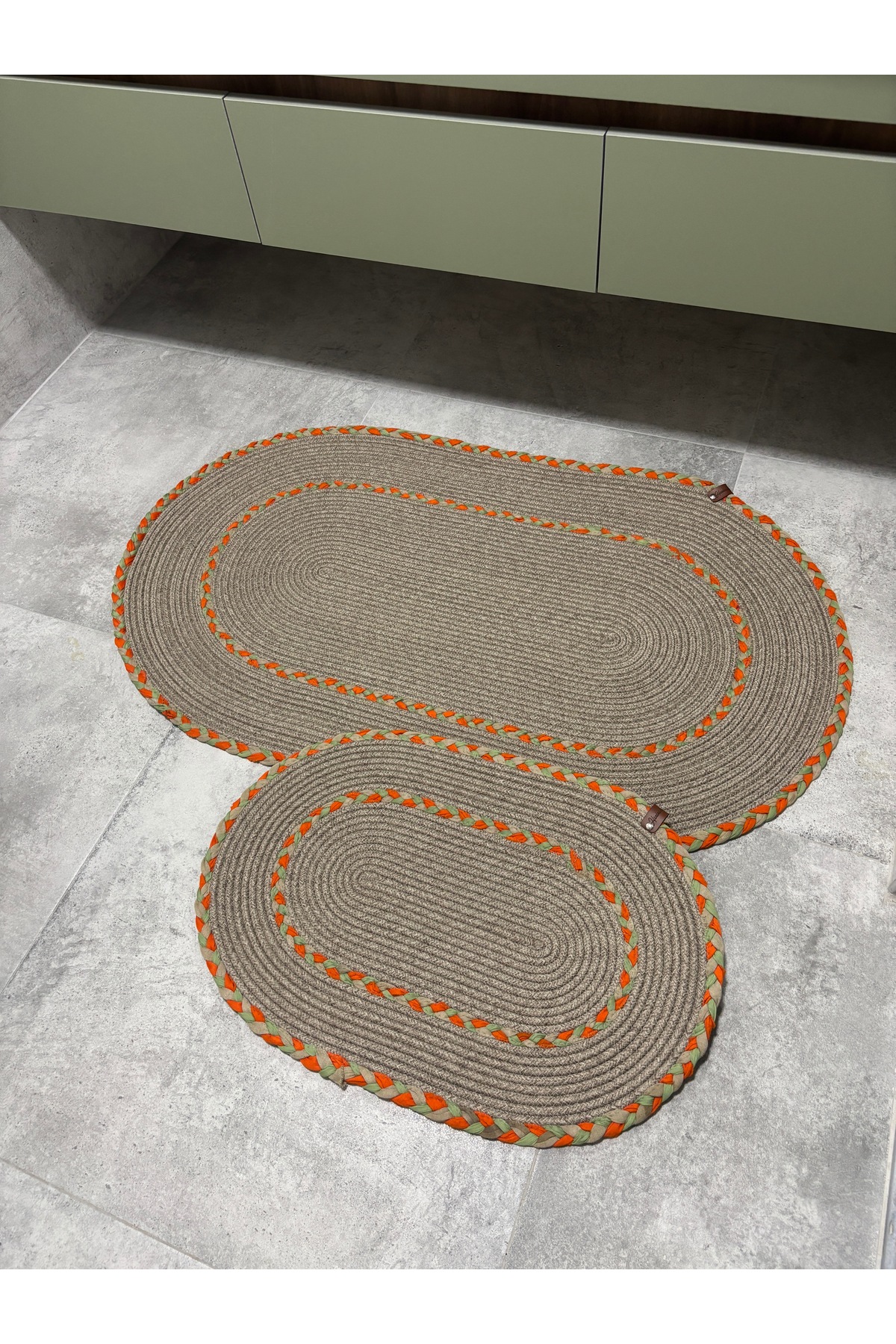 Nâzen 2’li Halat Banyo Seti Örgü Kenarlı Hasır Paspas 60x100 + 40x60 El Yapımı