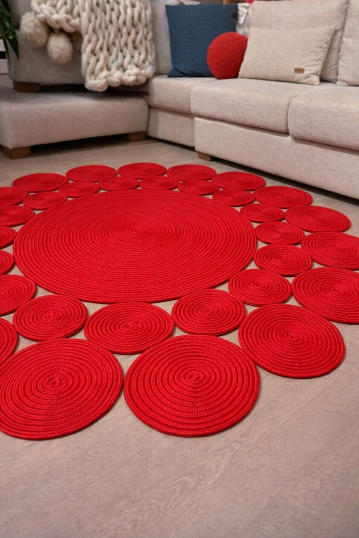 Alternative view of Papatya Hasır Jüt Çiçek Desenli Kilim Halı Kırmızı