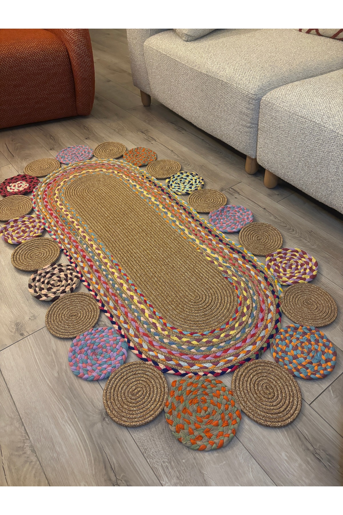 Şölen Etnik El Örgüsü Jüt Halat Kilim Renkli Oval Bohem Kilim, Dekoratif Doğal Hasır Görünümlü - Görsel 8