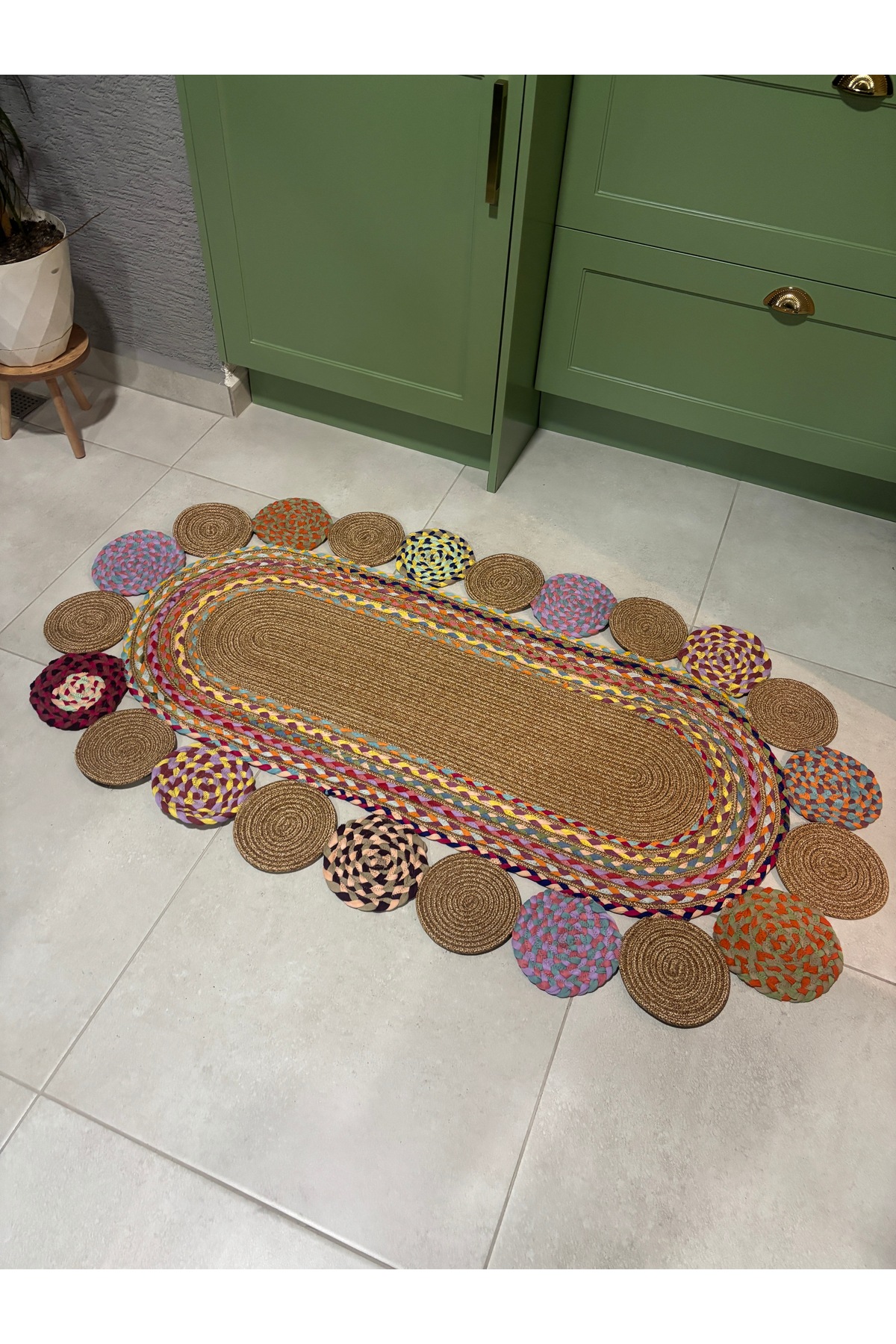 Şölen Etnik El Örgüsü Jüt Halat Kilim Renkli Oval Bohem Kilim, Dekoratif Doğal Hasır Görünümlü - Görsel 6