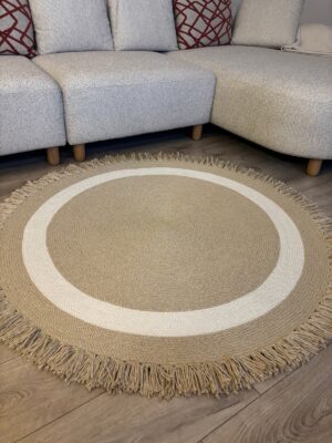 Alternative view of Natura Bej Krem Şeritli Burgu Halat, Hasır Örgü Yuvarlak Saçaklı Jüt Kilim Doğal El Yapımı