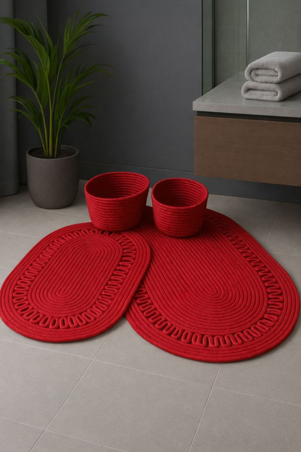 Terra 4’lü Banyo Seti – 2’li Oval Paspas & 2’li Oval Sepet, Doğal Halat Dokuma, El Yapımı - Premium