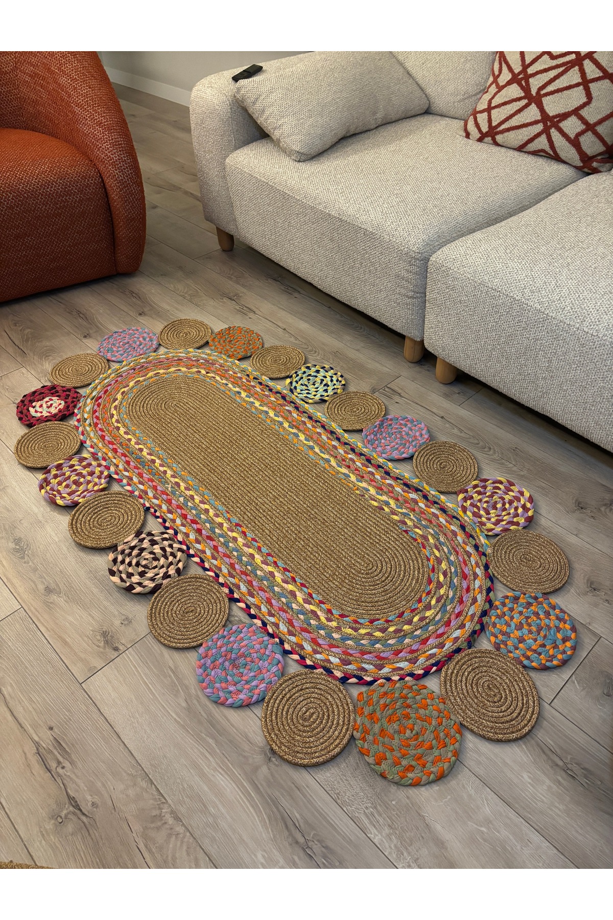 Şölen Etnik El Örgüsü Jüt Halat Kilim Renkli Oval Bohem Kilim, Dekoratif Doğal Hasır Görünümlü