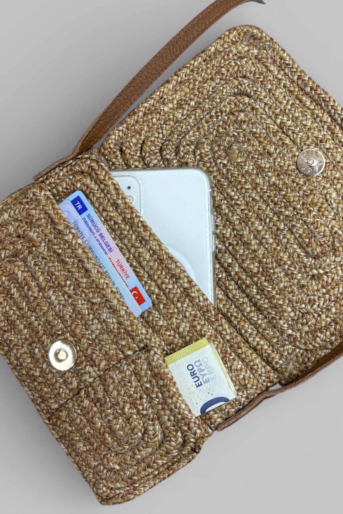 Blaze 3 Bölmeli Hasır Telefon Çantası Hakiki Deri Askılı Çapraz Çanta, Ekstra Yumuşak Halat Dokulu - Görsel 6
