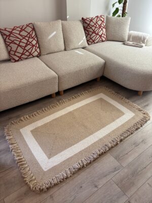 Nil Serisi doğal halat kilim bej renk püsküllü modern salon yer kilimi