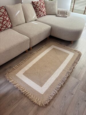 Nil Serisi doğal halat kilim bej renk püsküllü modern salon yer kilimi