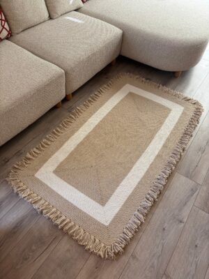 Nil Serisi doğal halat kilim bej renk püsküllü modern salon yer kilimi