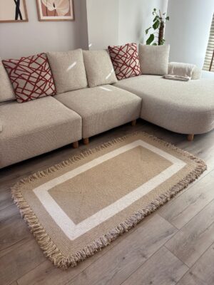 Nil Serisi doğal halat kilim bej renk püsküllü modern salon yer kilimi