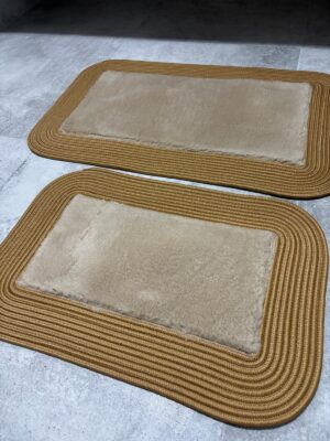 Puffy banyo paspas seti hasır kenarlı bej renk