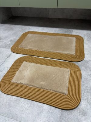 Puffy banyo paspas seti hasır kenarlı bej renk