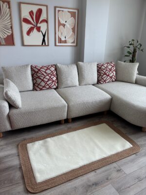 Puffy yumuşak dokulu kilim halısı hasır kenarlı detay