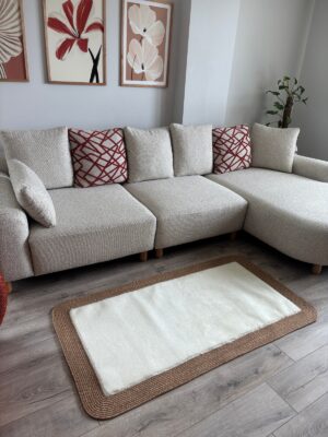 Puffy yumuşak dokulu kilim halısı hasır kenarlı detay