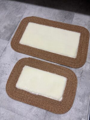 Puffy banyo paspas seti hasır kenarlı bej renk